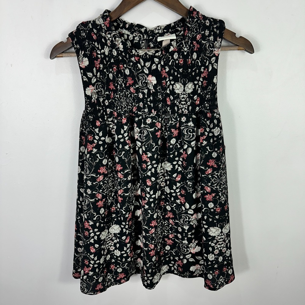Knox Rose XL Black Floral Smocked Sleeveless Top Boho Romantic Cottagecore Chic